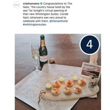 Screenshot of an Instagram post showing a platter of canapés, champagne and printed materials for The Nare’s Whittington Suites opening.