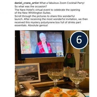 Canapés, champagne and a candle set before a screen showing a guest at The Nare Hotel’s virtual cocktail party.