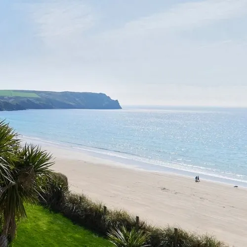 Palm trees overlooking a quiet sandy beach, calm blue sea and a distant headland