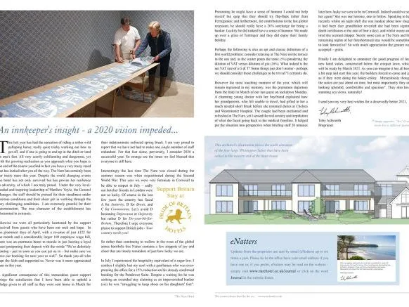 Two-page The Nare hotel journal spread with a photograph of two people examining plans and an architectural rendering