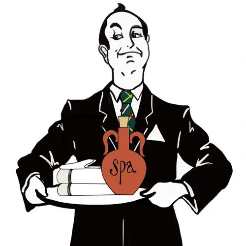 Cartoon hotel attendant holding a tray of towels and a bottle labelled spa