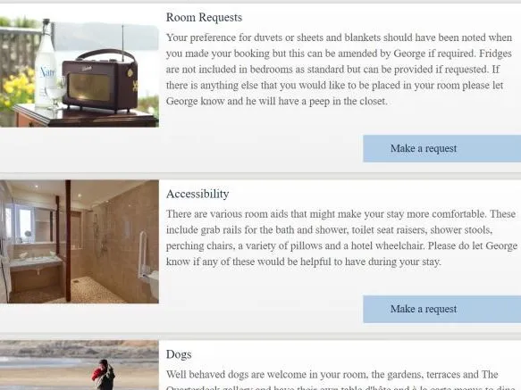 Hotel information page showing room requests, accessibility options and a section about dogs, with photos and request buttons.