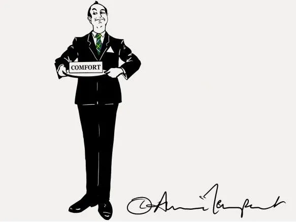Illustration of a smartly dressed man holding a sign reading ‘COMFORT’