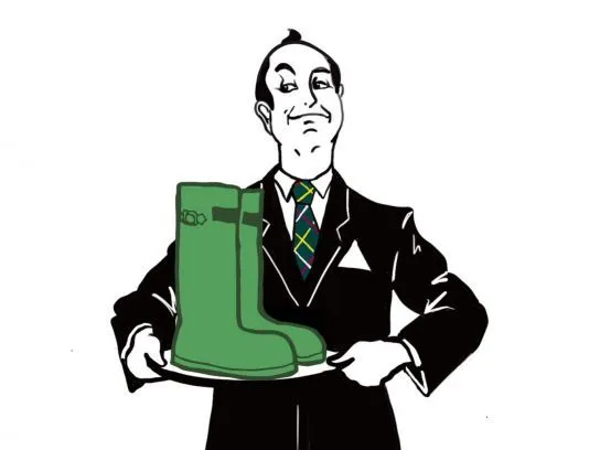 Illustration of a smartly dressed man presenting a pair of green wellington boots on a tray