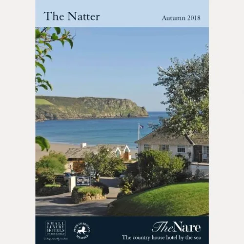 Cover of The Natter, Autumn 2018, showing The Nare hotel overlooking a sandy beach, blue sea and coastal headland.