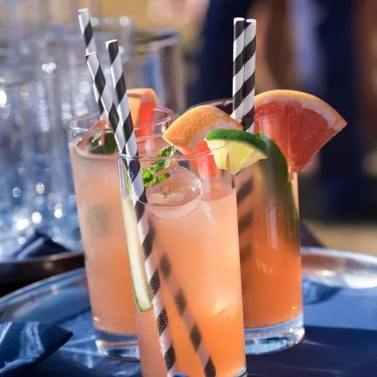 Three pink citrus cocktails garnished with grapefruit, lime and mint, with black-and-white striped straws on a serving tray.