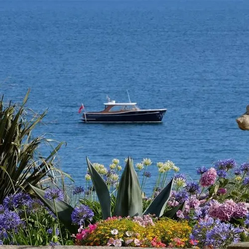 Two stone dog statues overlooking the sea, with colourful flowers and a boat in the background