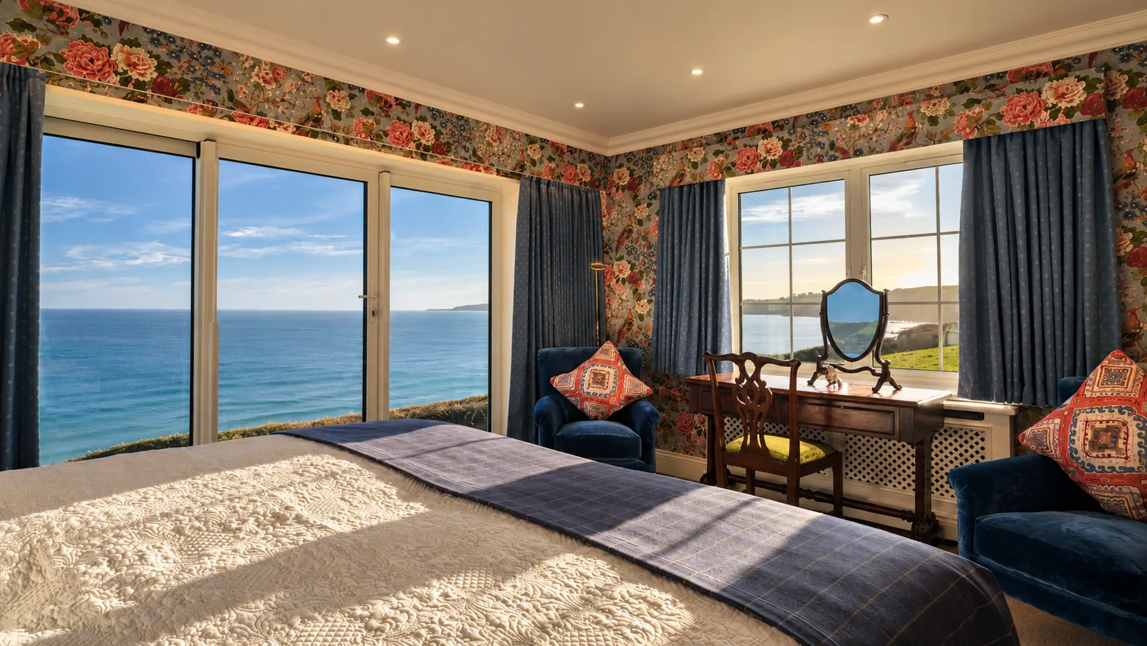 Sunlit coastal bedroom with a patterned bedspread, floral wallpaper, blue armchairs and wide windows overlooking the sea.