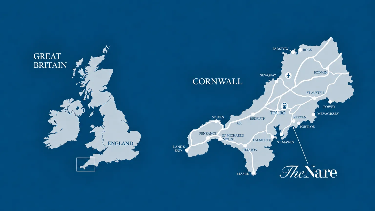 Map of Great Britain highlighting Cornwall beside a detailed Cornwall map showing roads, towns and The Nare