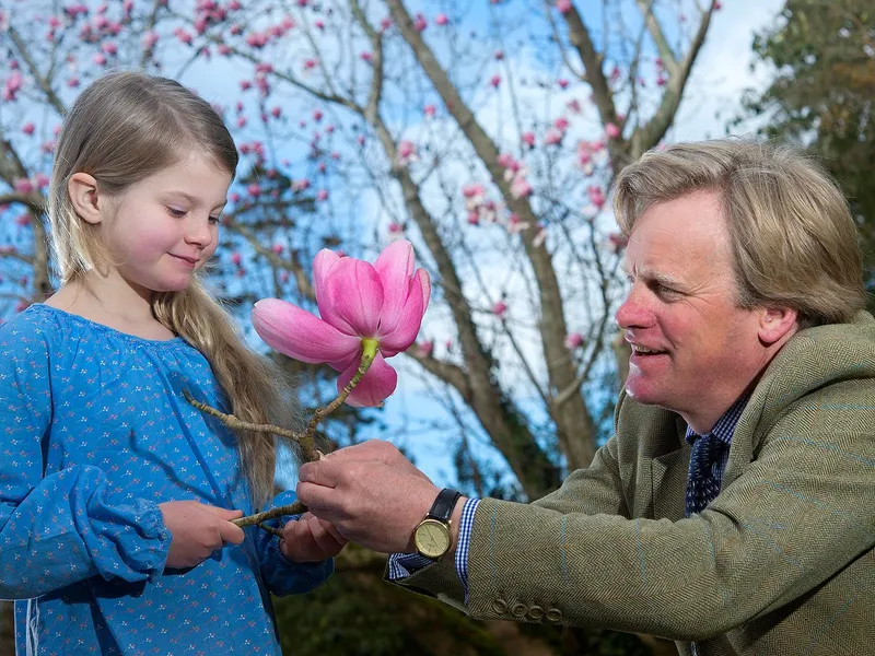 A man and a young girl admire a large pink magnolia blossom on a branch in a garden beneath flowering trees.