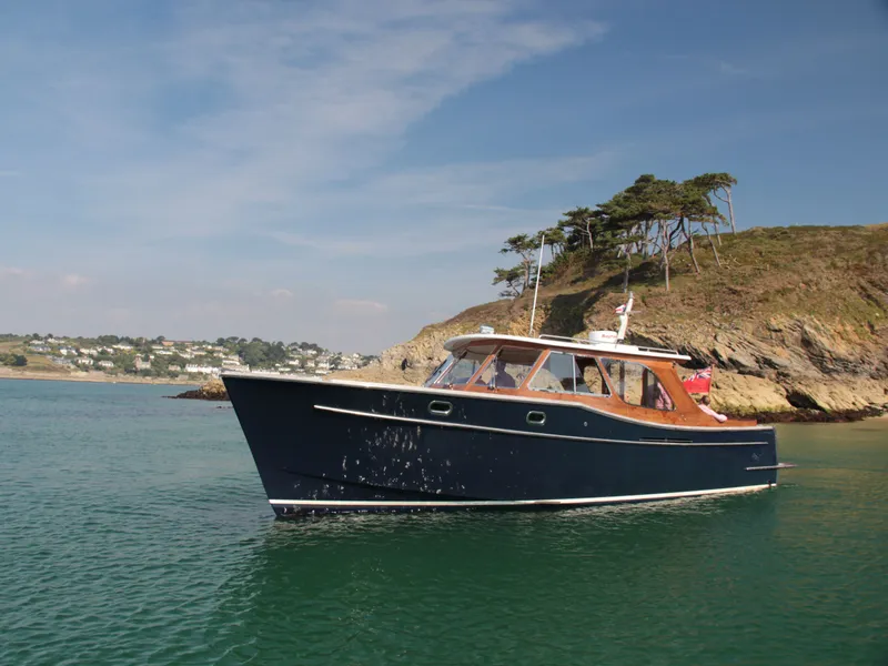 Dark blue motor boat anchored on calm coastal water near a rocky headland with pine trees