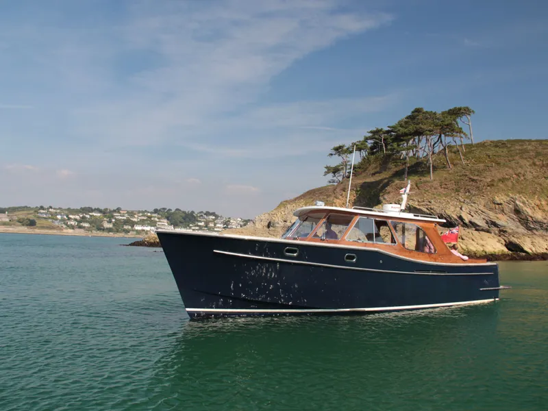 Dark blue motor boat anchored on calm coastal water near a rocky headland with pine trees