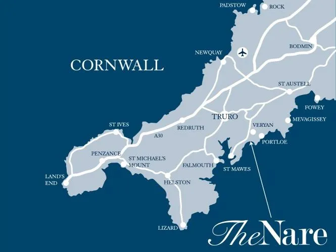 Location map of Great Britain and Cornwall showing The Nare near Veryan on the Roseland Peninsula.