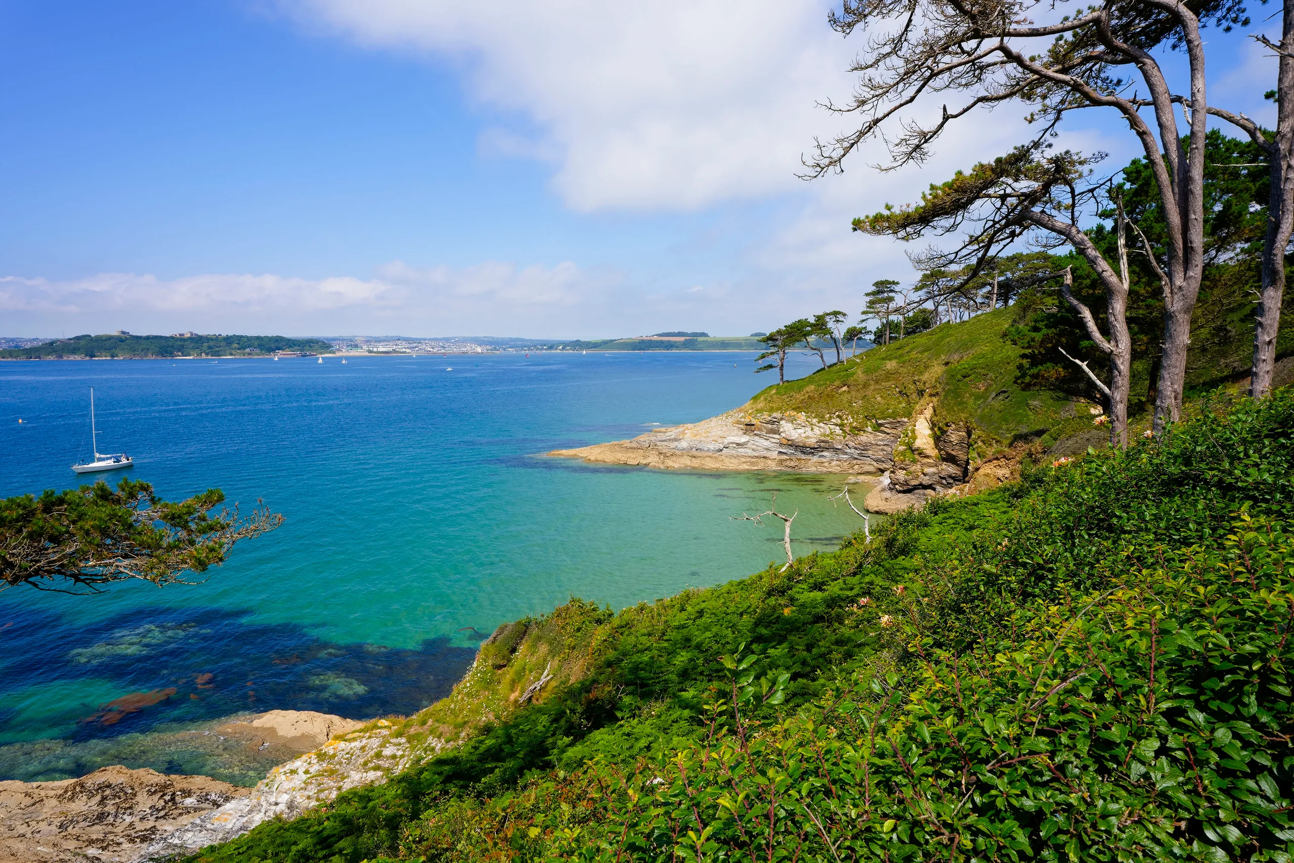 Coastal view of a turquoise bay with rocky cliffs, pine trees and a small sailboat under a bright blue sky.
