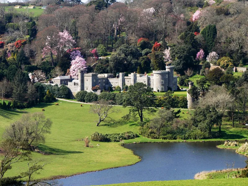 Caerhays Castle A grand castellated house set within landscaped gardens and parkland in Cornwall, with a lake in the foreground and spring blossom on the surrounding trees.