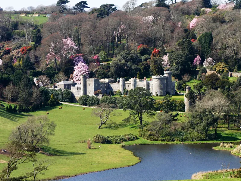 Caerhays Castle A grand castellated house set within landscaped gardens and parkland in Cornwall, with a lake in the foreground and spring blossom on the surrounding trees.