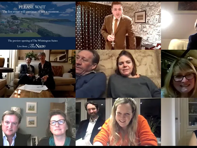 Screenshot of a virtual launch event for The Whittington Suites at The Nare, showing multiple guests joining by video call from their homes.