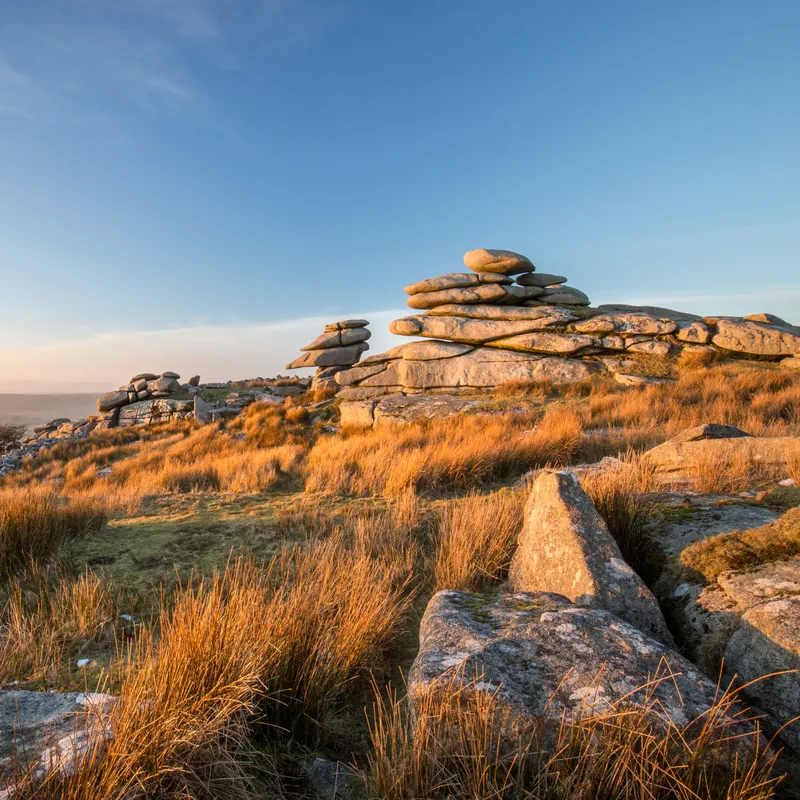 Rocky moorland landscape at sunrise with granite tors and golden grass under a clear blue sky