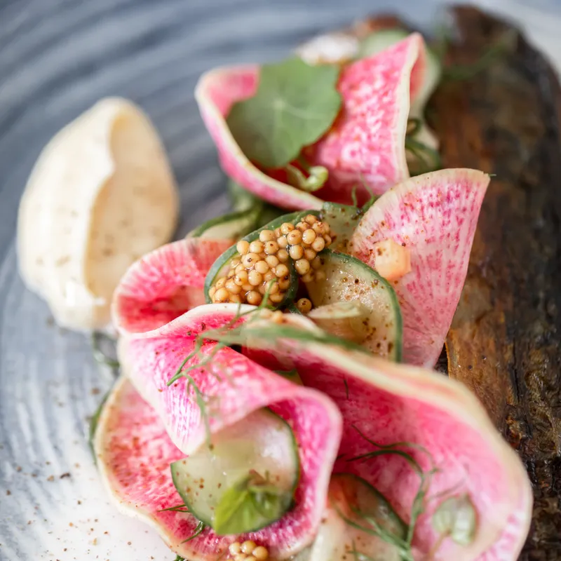 Close-up of a plated fish dish with pink radish ribbons, cucumber slices, mustard seeds and herbs on a ceramic plate.