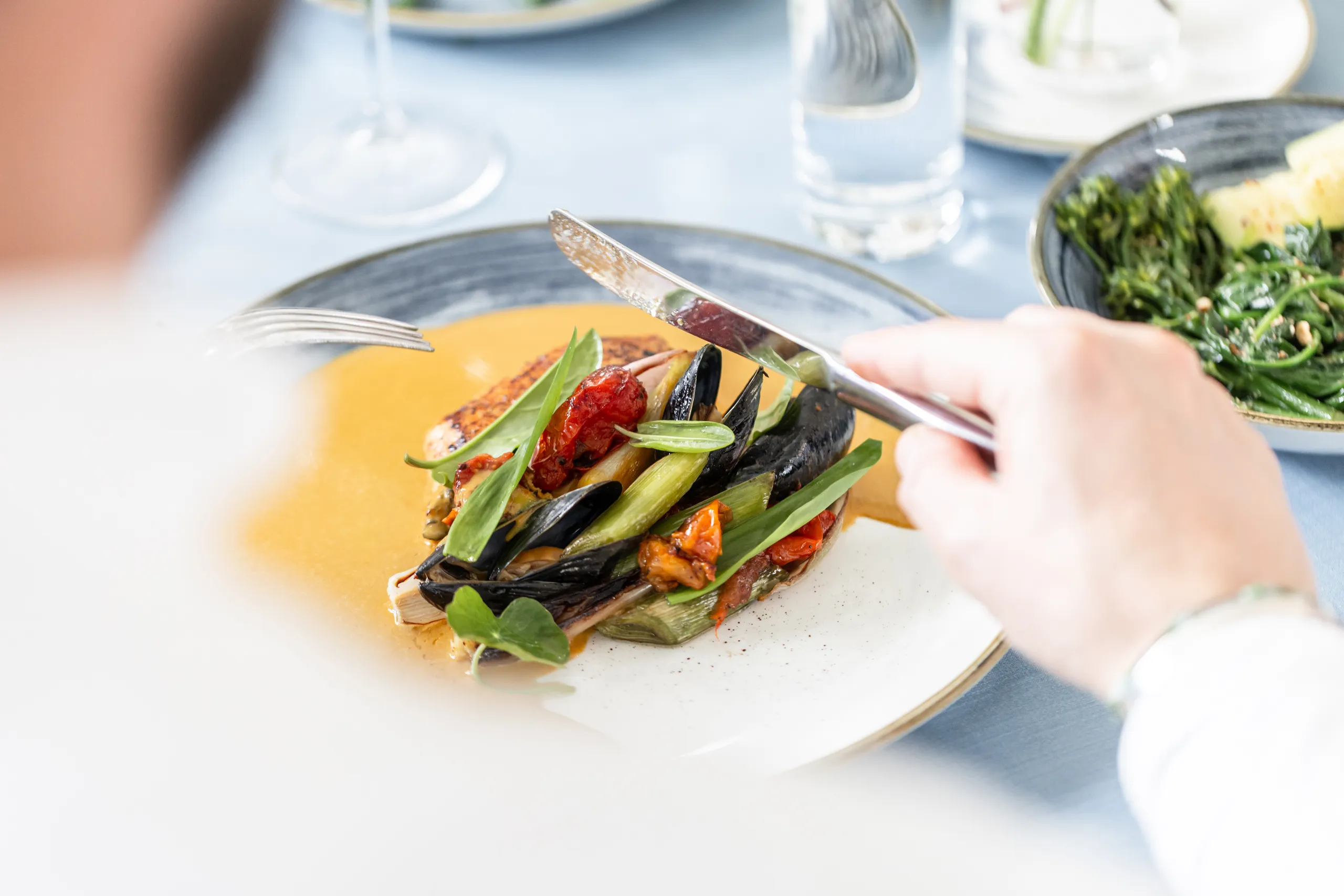 Person dining on a plated seafood and vegetable dish with mussels, spring onions and roasted tomatoes at a restaurant table