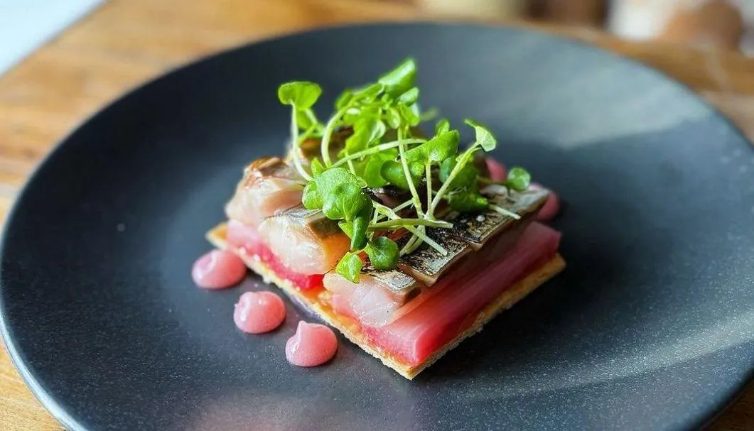 Gourmet fish tartlet with microgreens and pink sauce served on a black plate