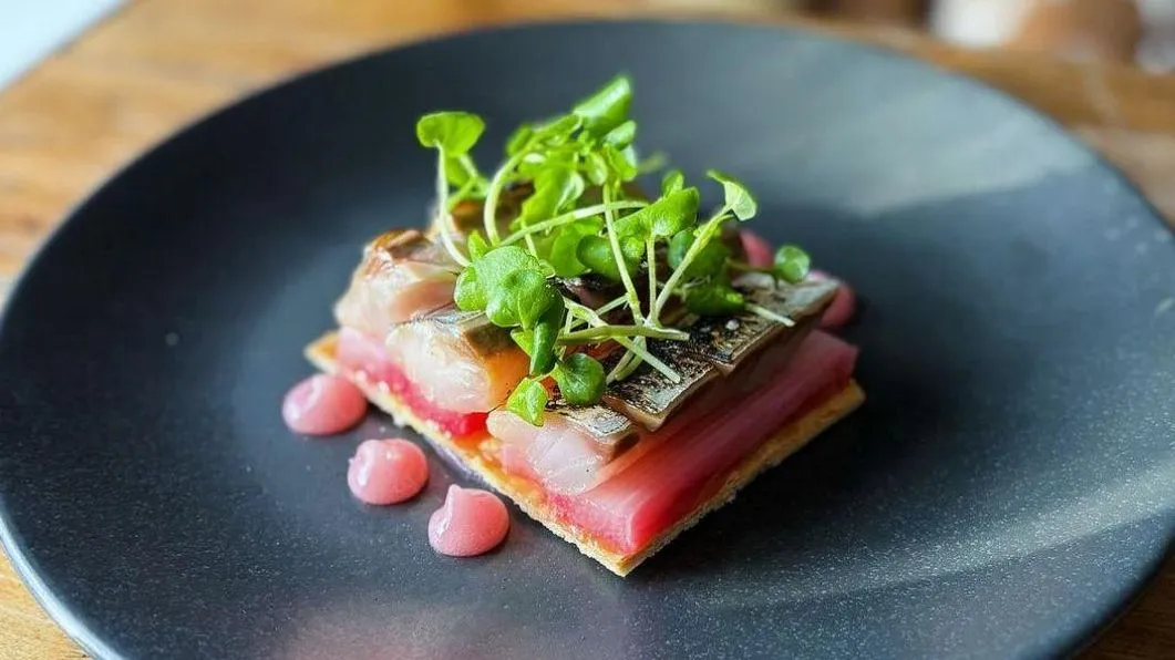 Gourmet fish tartlet with microgreens and pink sauce served on a black plate