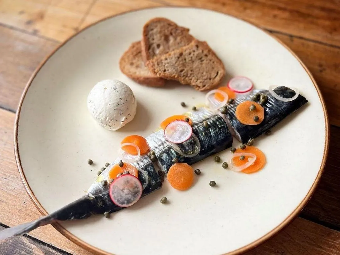 Plated smoked mackerel fillet with carrot ribbons, radish, capers, herb cheese and toasted bread