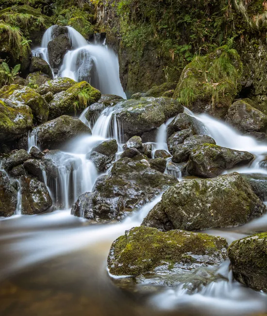 Long-exposure waterfall flowing over moss-covered rocks in a lush forest