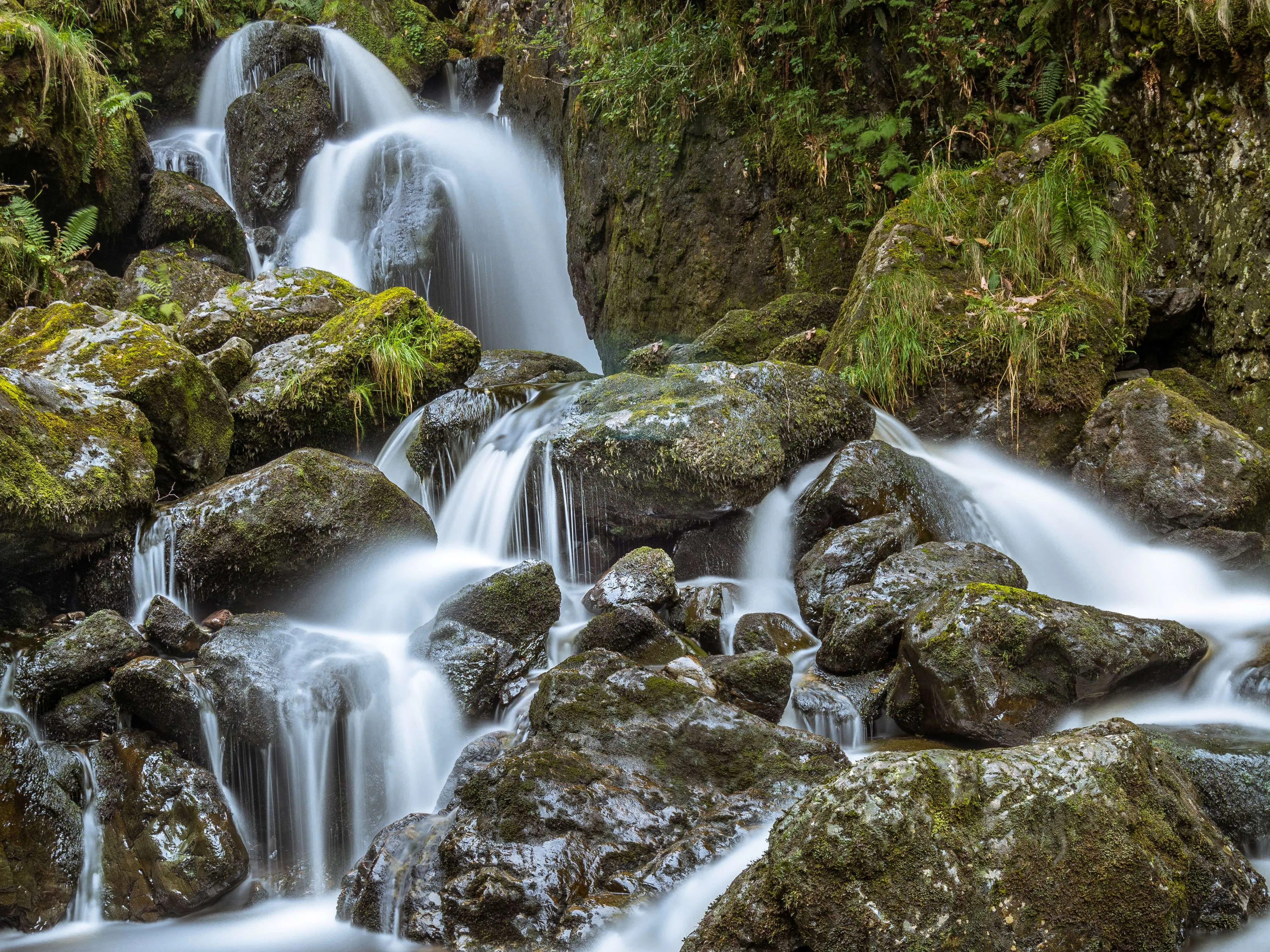 Long-exposure waterfall flowing over moss-covered rocks in a lush forest