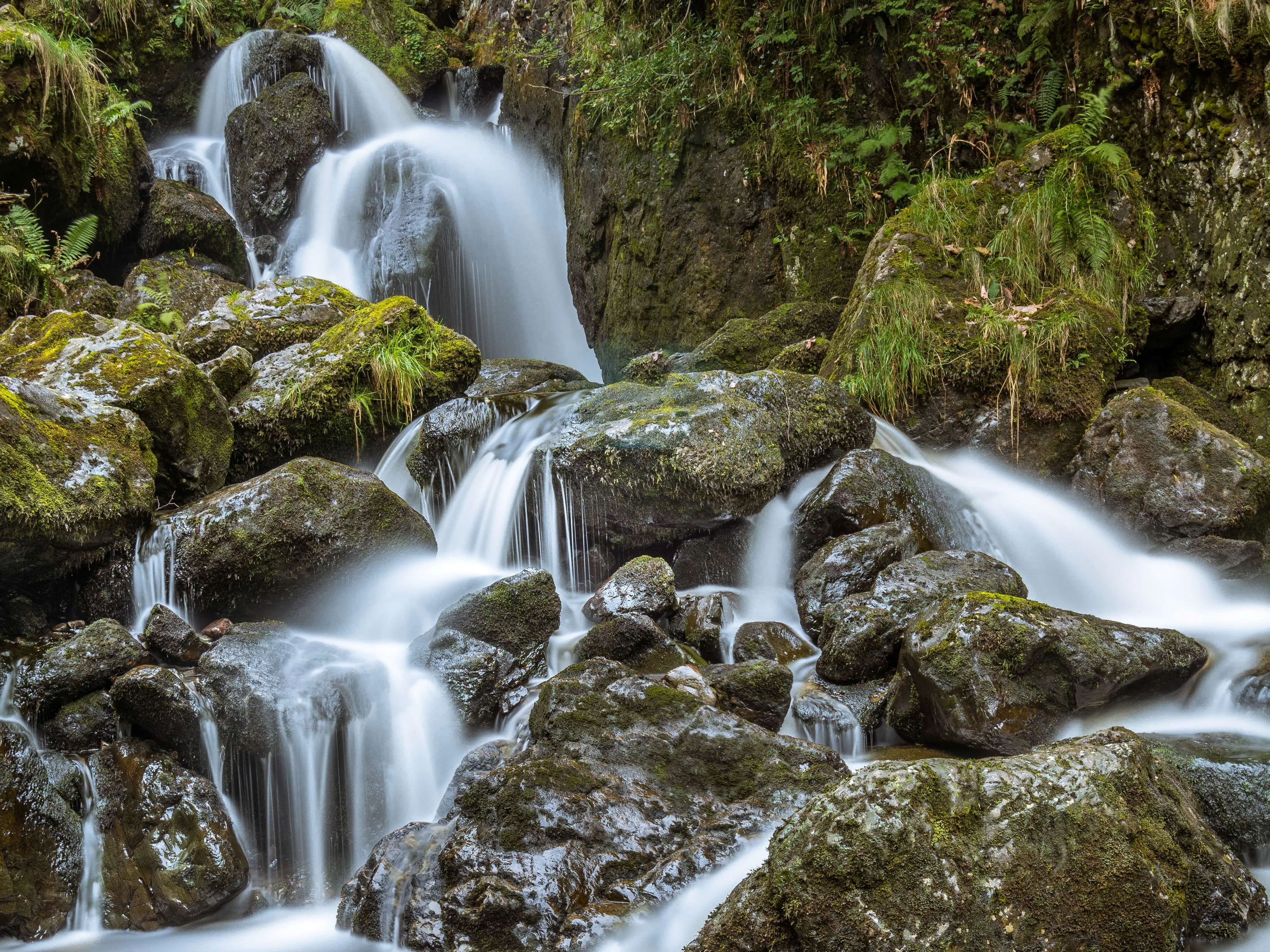 Long-exposure waterfall flowing over moss-covered rocks in a lush forest