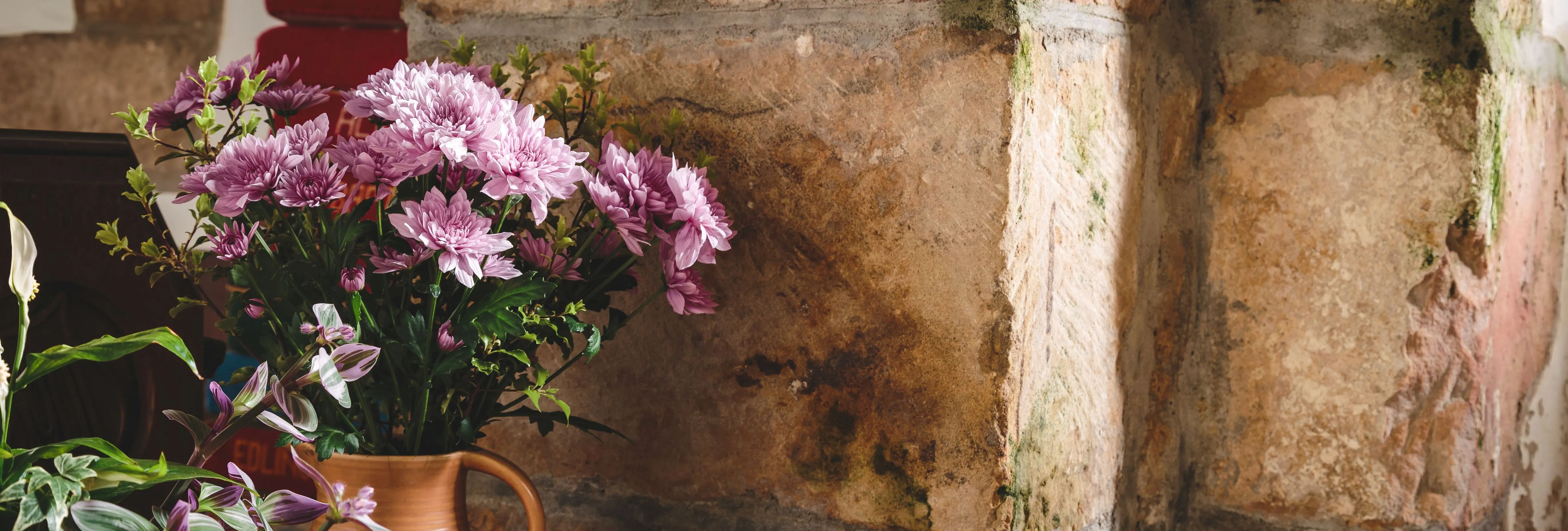 Purple chrysanthemums and trailing houseplants in a terracotta jug beside a weathered stone wall.