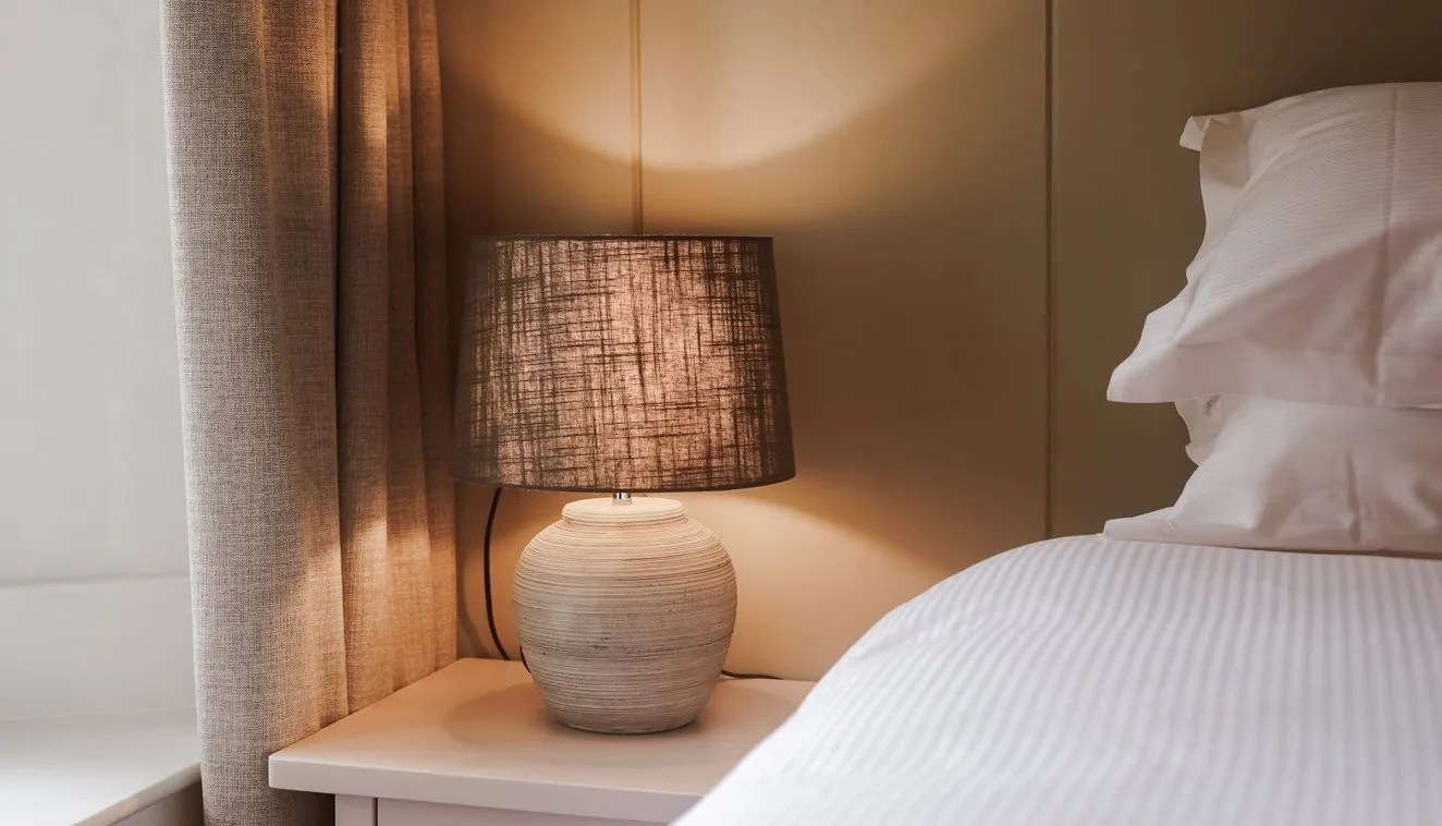 Warm bedside lamp on a white bedside table beside a neatly made bed and curtains.