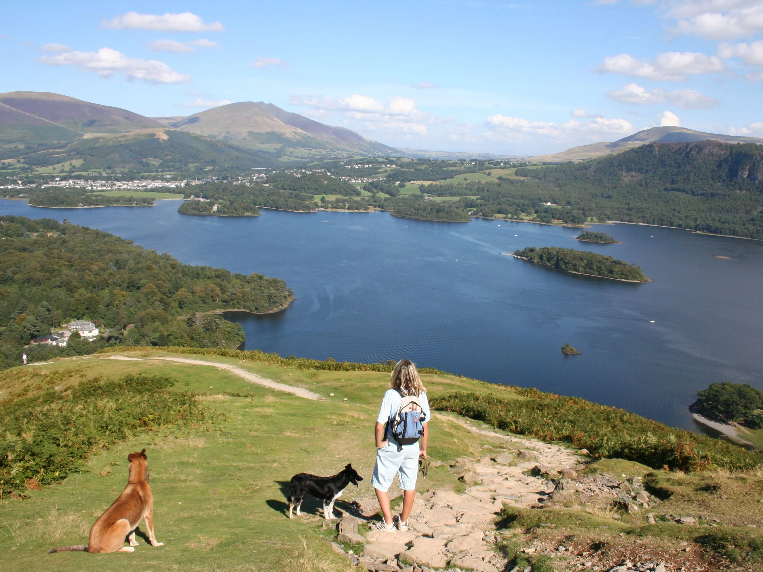 Walker with two dogs overlooking Derwentwater from Catbells in the Lake District