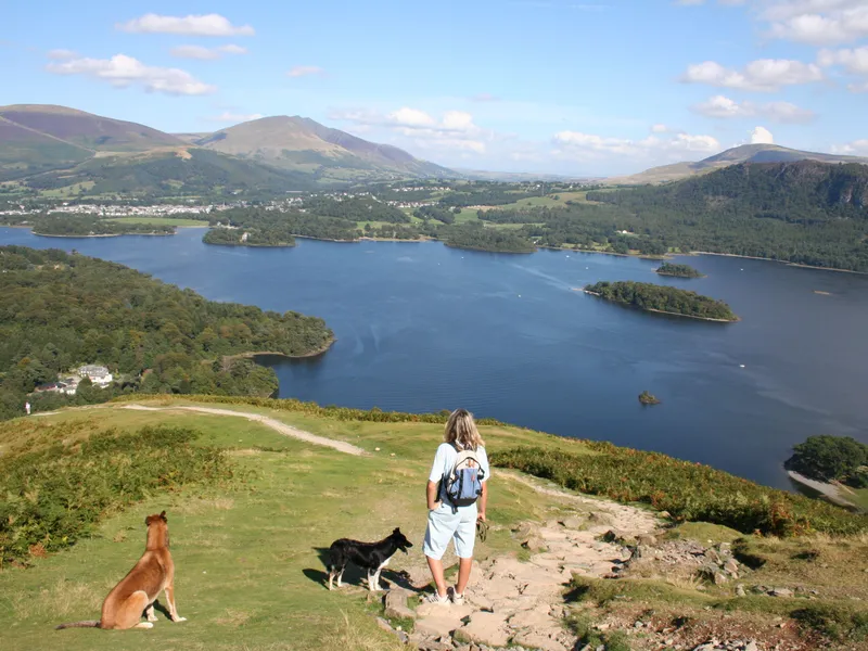 Walker with two dogs overlooking Derwentwater from Catbells in the Lake District