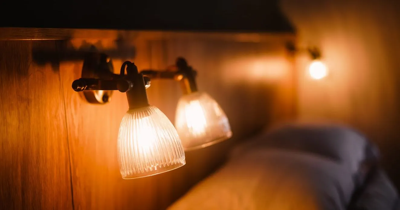 Warm bedside reading lamps with ribbed glass shades above a neatly made bed