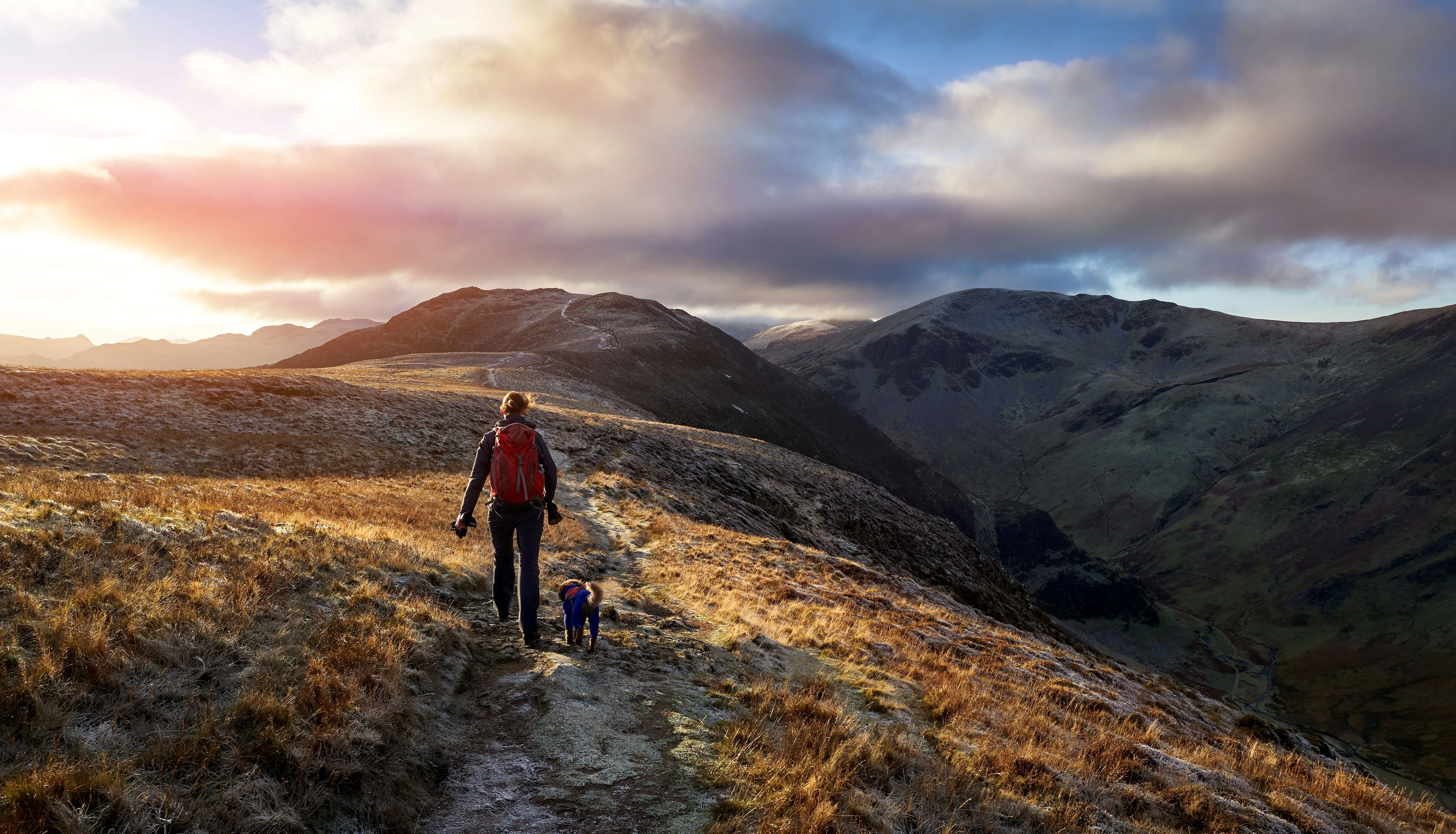 Hiker with a red backpack walking a dog along a frosty mountain ridge at sunrise.