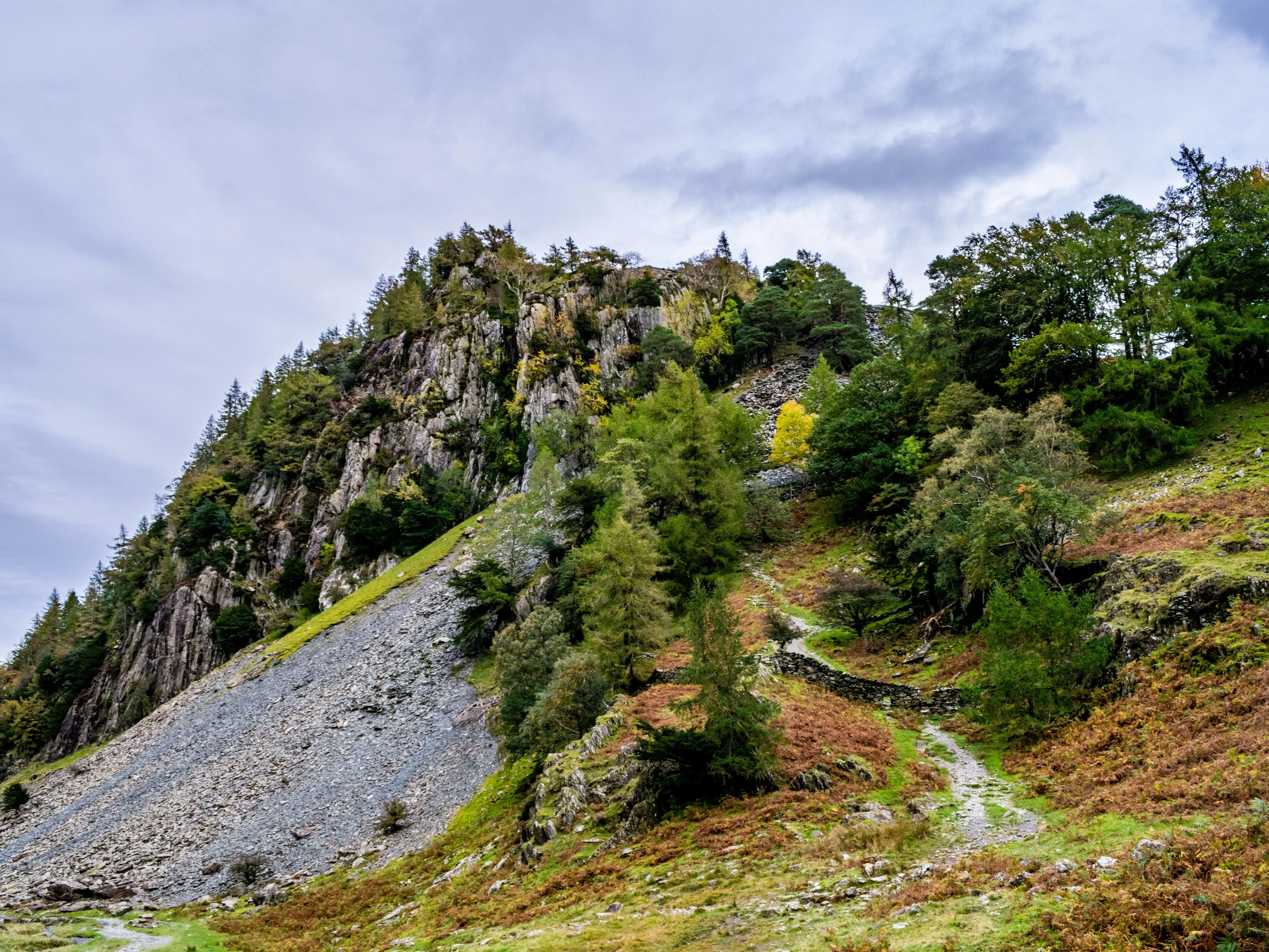 Rocky, tree-covered hillside with a winding footpath beneath an overcast sky.
