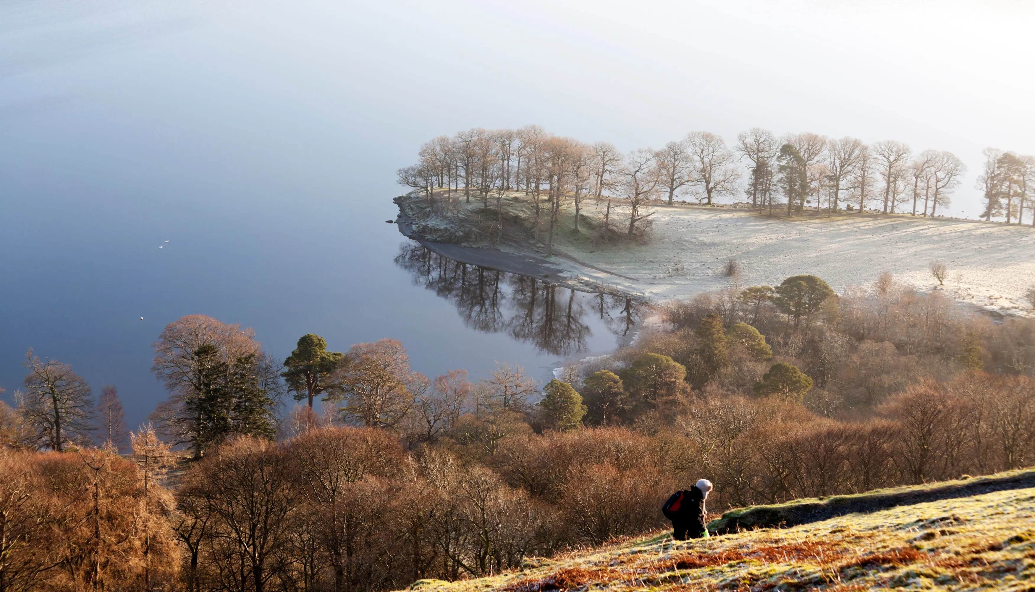 Lone hiker walking down a frosty hillside above a calm lake and leafless woodland.