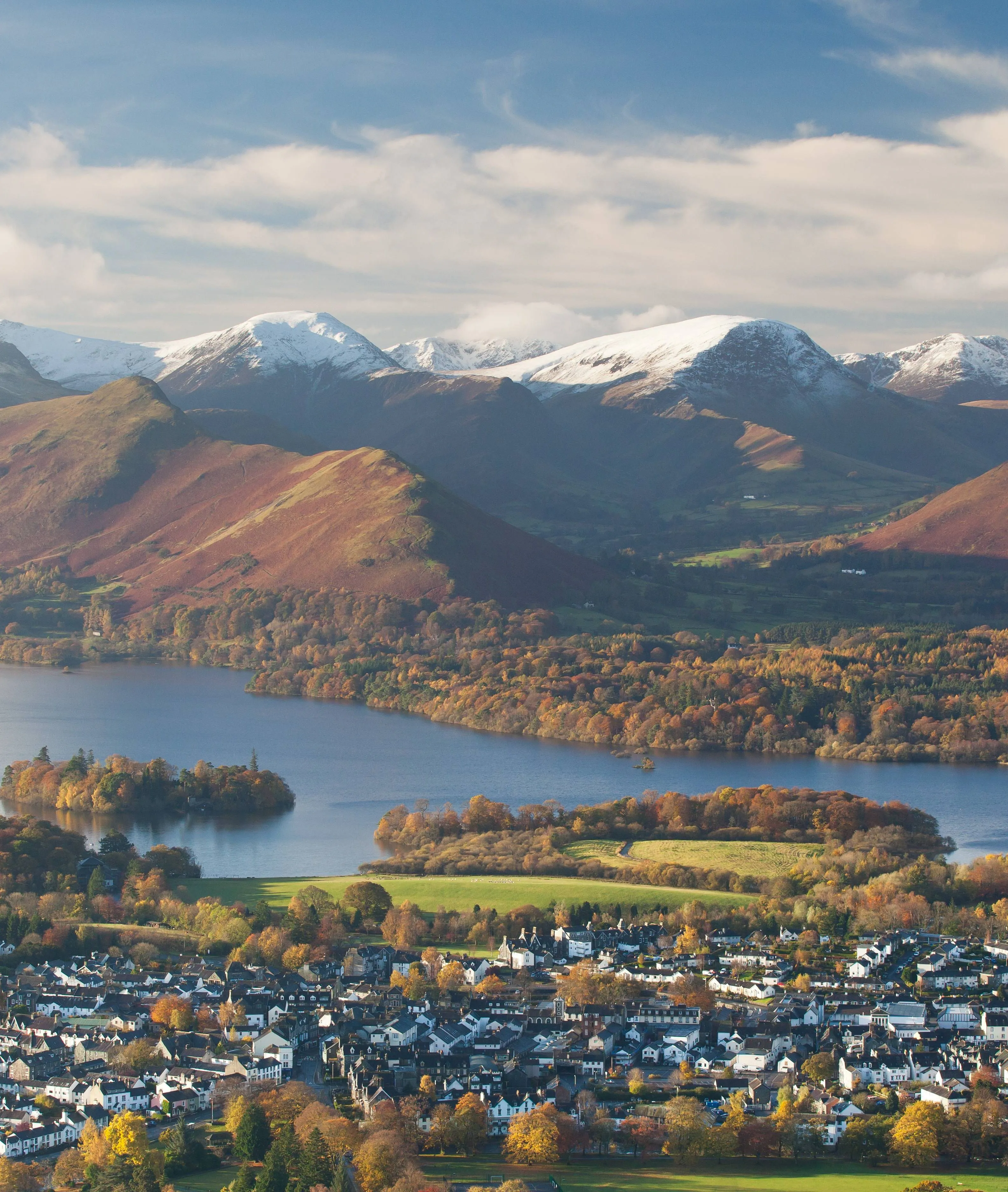 Aerial view of Keswick beside Derwentwater, with autumn woodland and snow-covered Lake District fells under a cloudy sky.