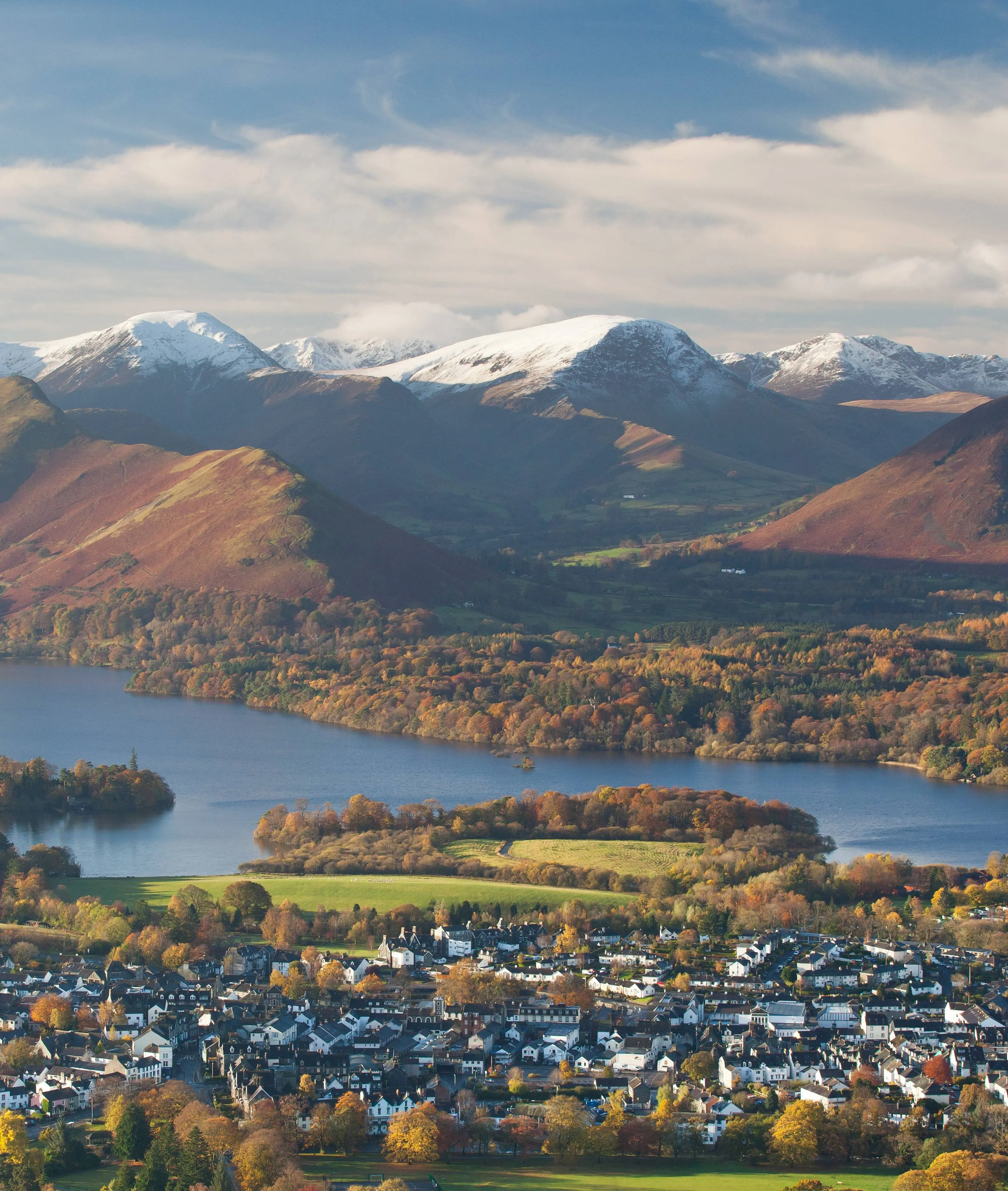 Aerial view of Keswick beside Derwentwater, with autumn woodland and snow-covered Lake District fells under a cloudy sky.