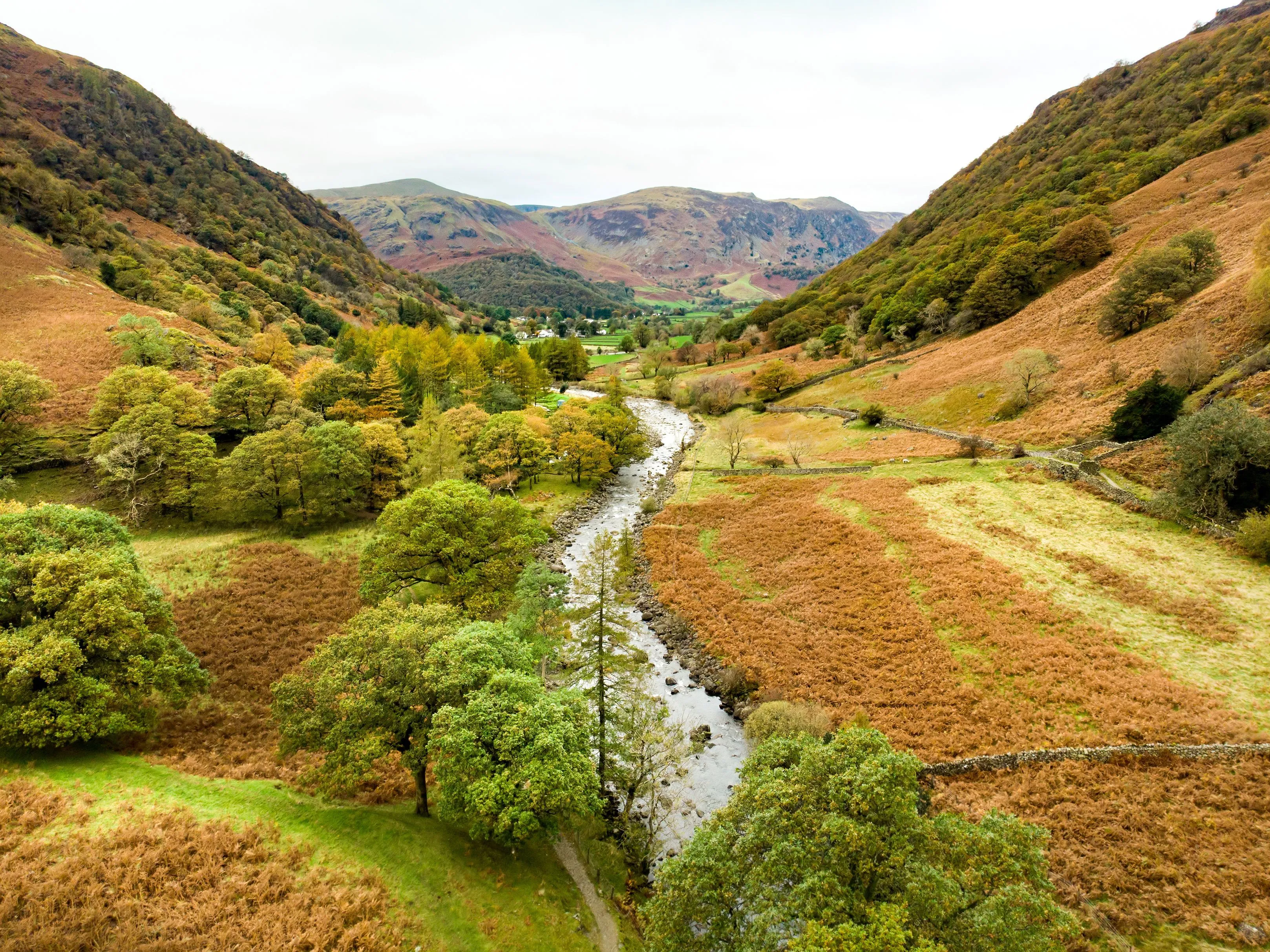 Autumn valley with a winding river, wooded hills and rugged mountains under an overcast sky.
