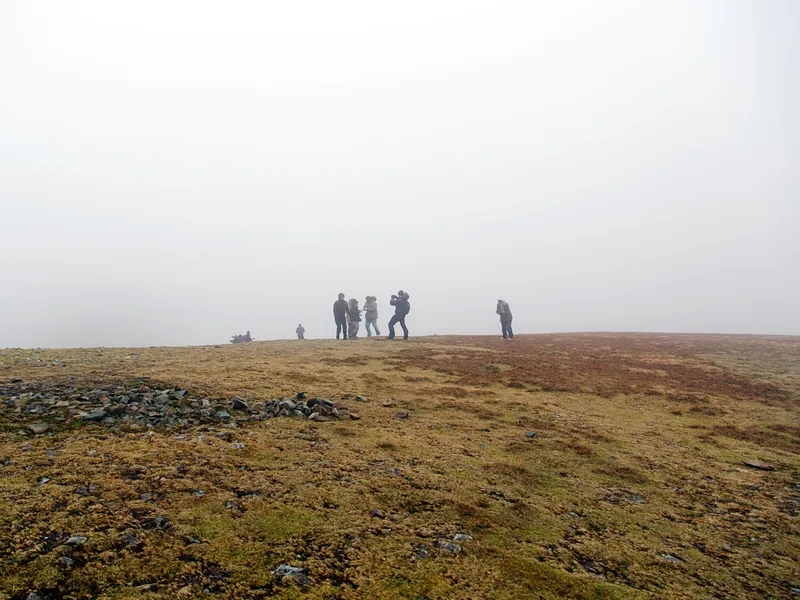 Hikers standing on a misty grassy hillside with rocky ground beneath an overcast sky.