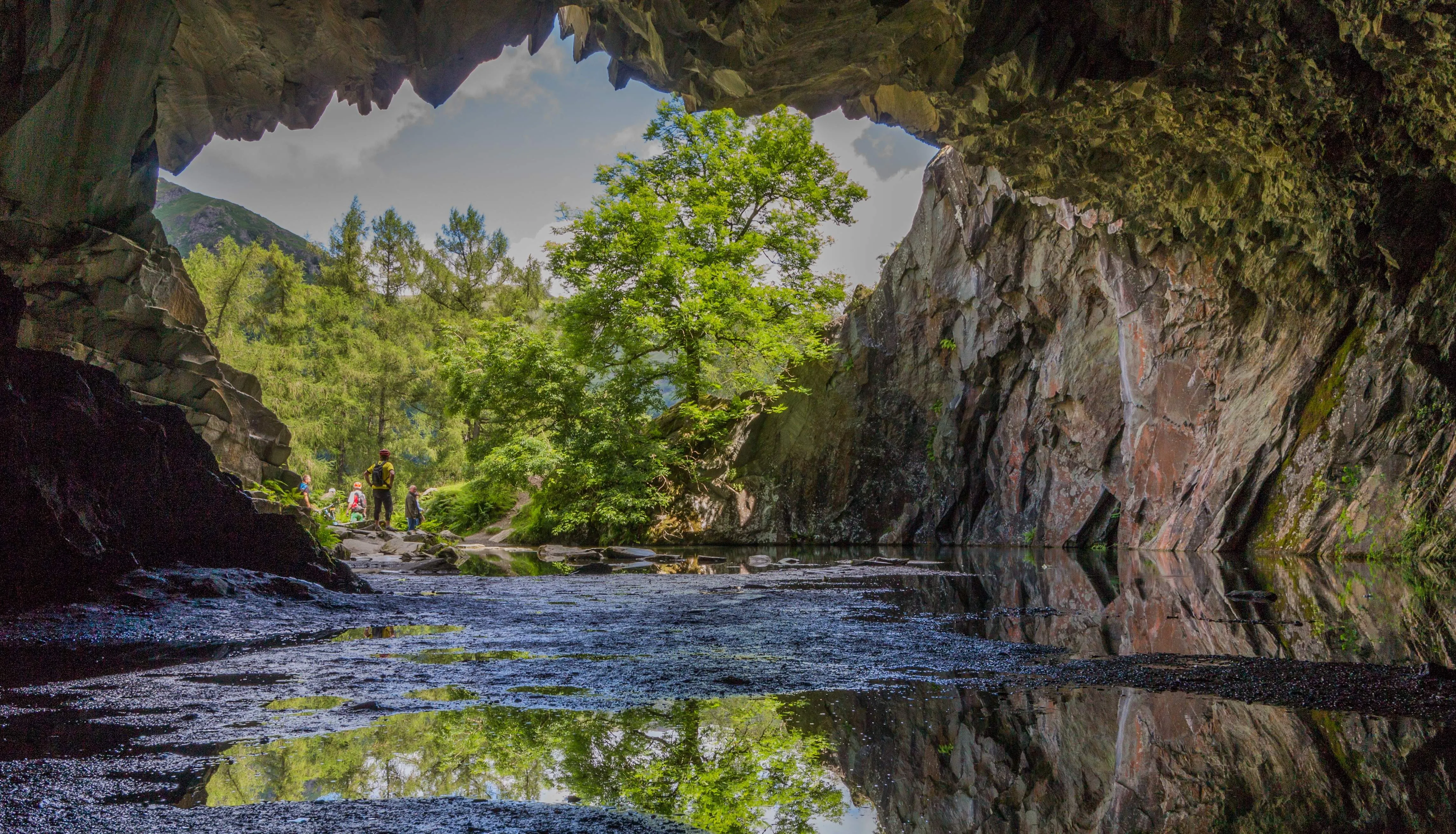 View from inside a rocky cave towards a sunlit tree, shallow water and distant hikers.