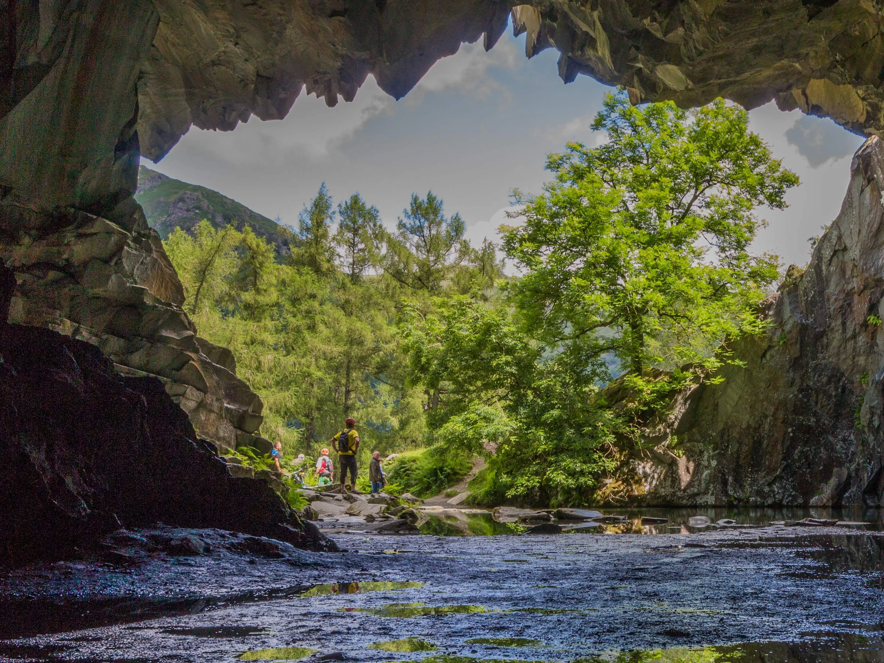View from inside a rocky cave towards a sunlit tree, shallow water and distant hikers.