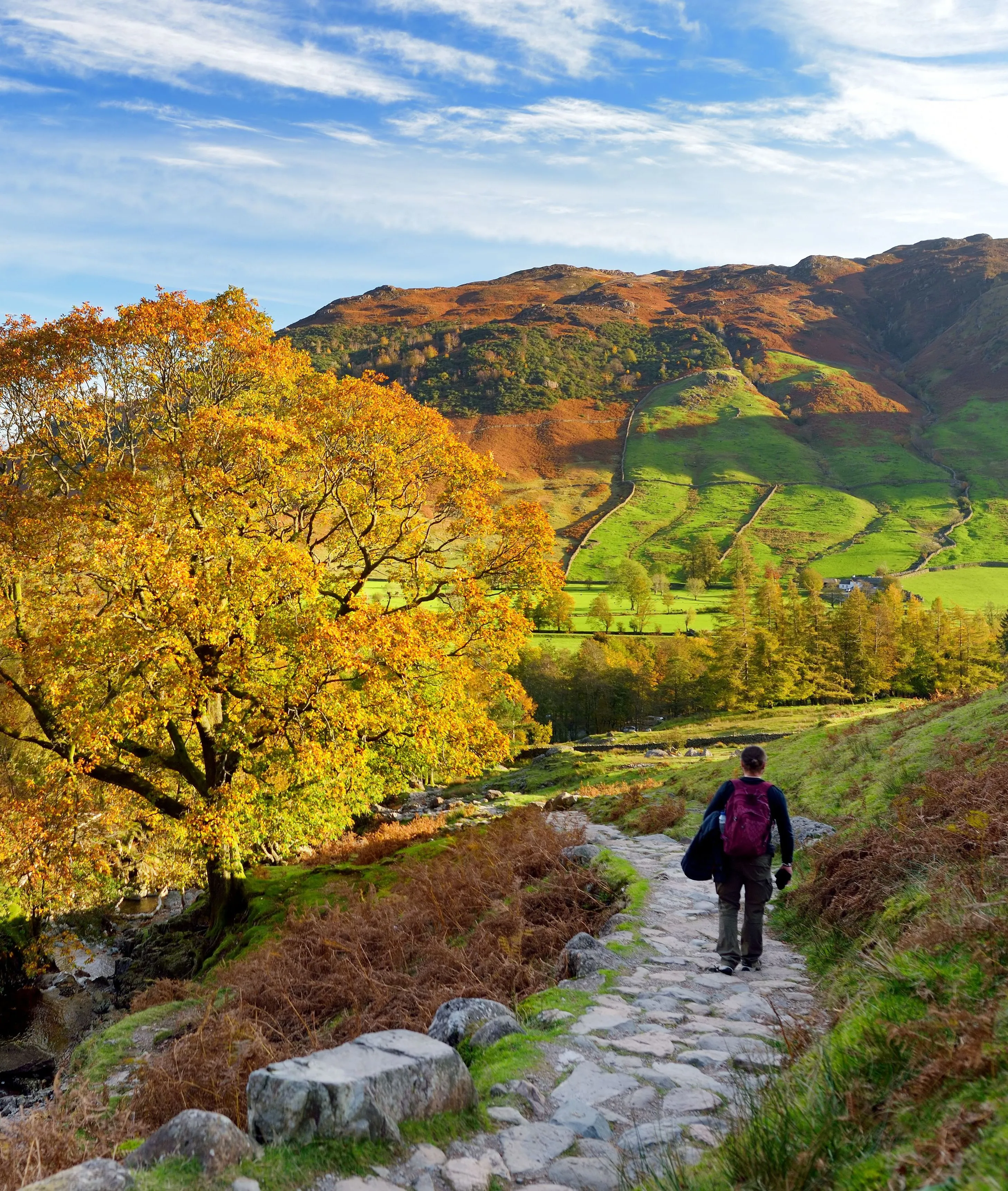 Hiker walking along a stone path through an autumn valley beneath green and russet hills