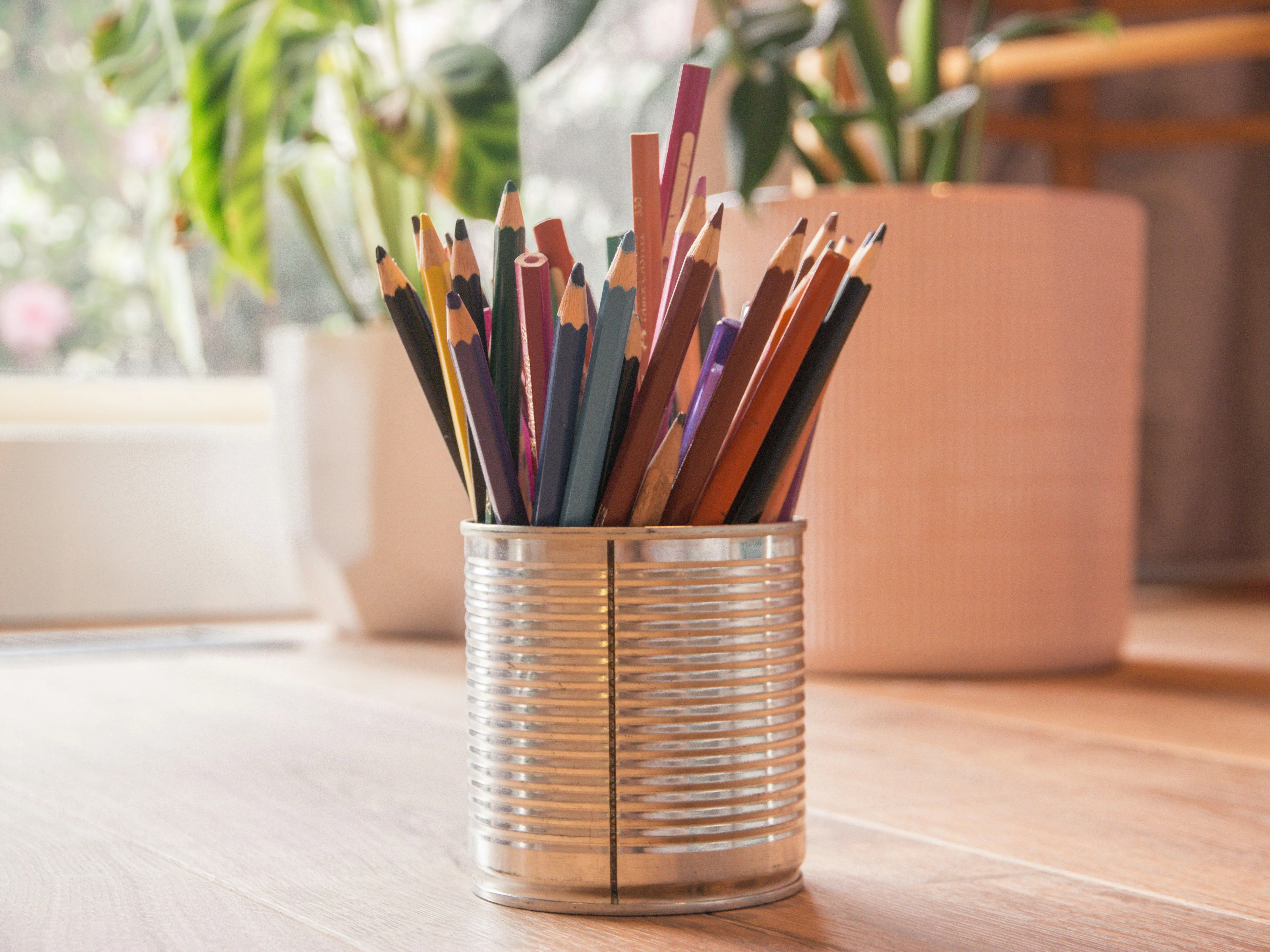 A tin can filled with coloured pencils on a wooden table beside a sunlit window and houseplants.