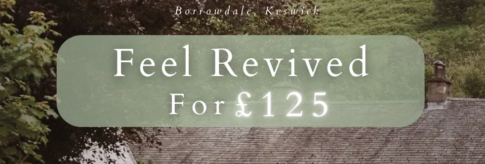 Promotional offer for The Royal Oak Hotel in Borrowdale, Keswick, featuring a countryside hotel exterior and £125 overnight stay deal.