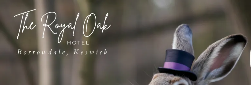 Promotional poster for The Royal Oak Hotel's March Hare deal, featuring a hare in a top hat holding a cane alongside hotel and bedroom photographs.