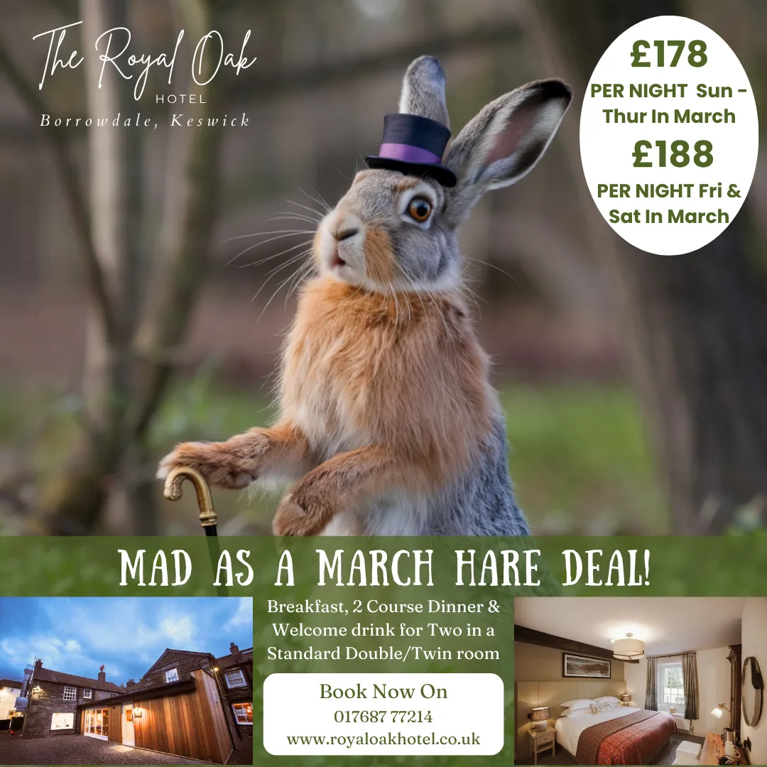 Promotional poster for The Royal Oak Hotel's March Hare deal, featuring a hare in a top hat holding a cane alongside hotel and bedroom photographs.