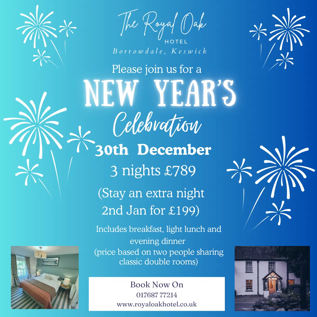 New Year's celebration offer poster for The Royal Oak Hotel in Borrowdale, Keswick, with white fireworks on a blue gradient background.